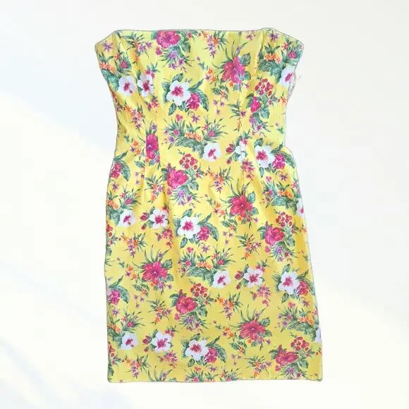 Vtg 90s Y2K RALPH Lauren Hawaiian Floral Strapless Dress Yellow Pinup Fit Med - Picture 7 of 10